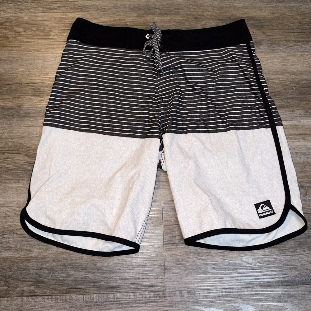Quiksilver Surfsilk Tijuana Board Shorts Mens 34 Black White Striped Logo